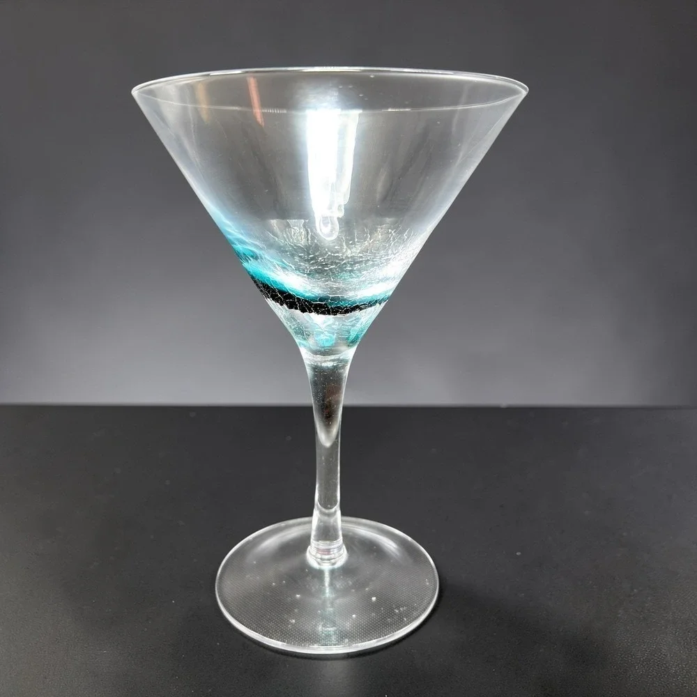 Pier 1 Teal Blue Crackle Glass Martini Glass 7 Inch Barware‎ Single Cup Stem VTG